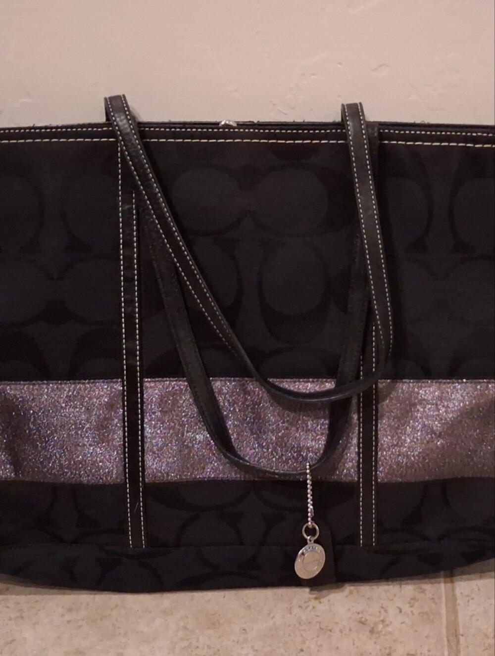 Coach Black Tote with Metallic Silver Stripe